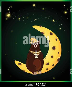 Vector illustration of kawaii cartoon bear character in sleeping hat and slippers, holding cup with drink sitting on moon on night sky background with Stock Vector