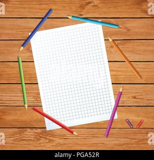 Vector illustration of clear checkered notebook sheet surrounded with colored pencils on wood table background. Graphing paper on wooden surface and s Stock Vector
