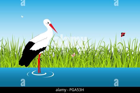 Cartoon vector landscape with stork and lake in the water Stock Vector