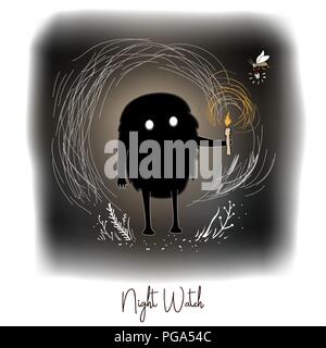 Hand drawn vector artistic creative artwork illustration with black cute monster with candle in night fairy forest. Stock Vector