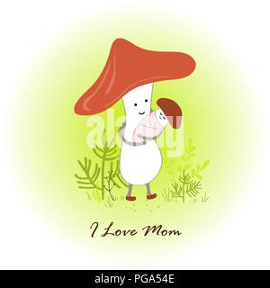 Mushroom mom and its newborn baby on forest background. Cartoon illustration. Stock Vector