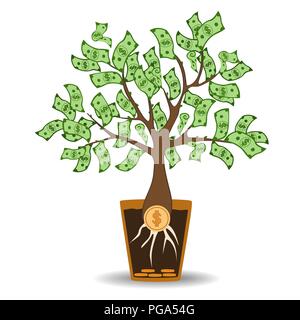 Money tree growing from a coin root. Green cash banknotes tree in ceramic pot. Modern flat style concept vector illustration Stock Vector
