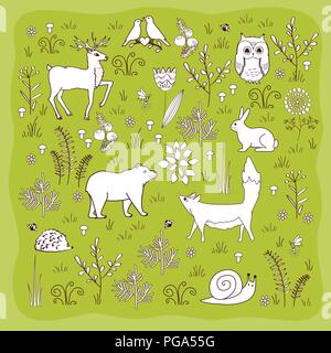 Forest poster with cute bear, fox, hedgehog, birds, bees, butterflies, mushrooms, owl, snail, deer, hear, and flowers in cartoon style Stock Vector