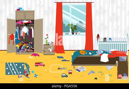 Messy room where young family with little baby lives. Untidy room. Cartoon mess in the room. Uncollected toys, things. Cleaning vector illustration. Stock Vector