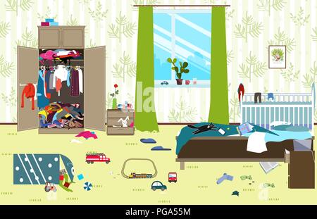 Messy room where young family with little baby lives. Untidy room. Cartoon mess in the room. Uncollected toys, things. Cleaning vector illustration. Stock Vector