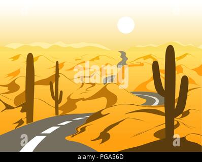 Beautiful desert landscape with asphalt road and cactus. Cartoon vector illustration. Yellow and brown palette Stock Vector