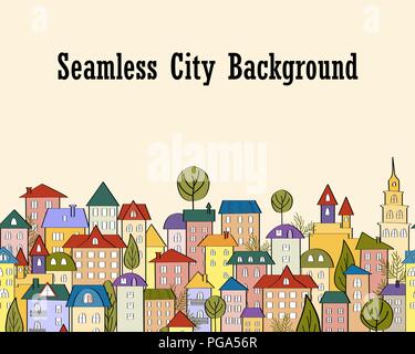 Seamless banner background with rows of colorful cartoon houses. vector Illustration Stock Vector
