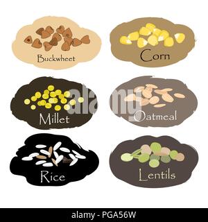 Vector set of cereal and grain emblems. For packing groats, kitchen jar prints, advertising healthy food. Buckwheet, millet, corn, rice, lentils, and Stock Vector