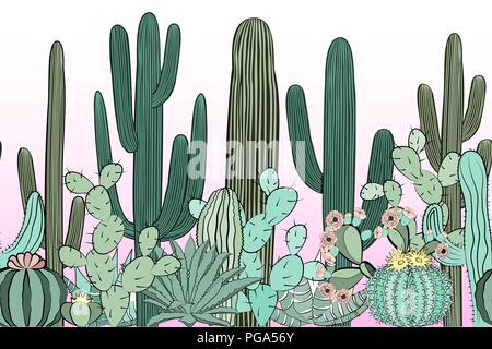 Seamless pattern with cactus. Wild cactus forest with agave, saguaro, and prickly pear. Color vector Stock Vector