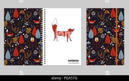 Cover design for notebooks or scrapbooks with doodle autumn forest and cute fox. Vector illustration. Stock Vector