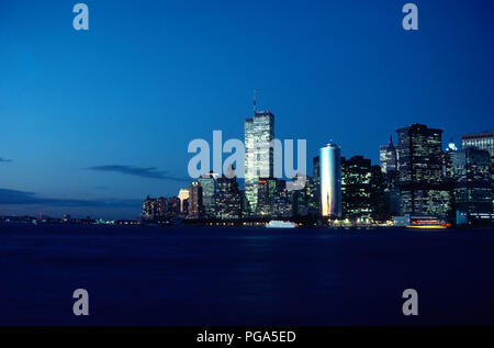 Vintage 1987 View of Lower Manhattan Skyline with Twin Towers of World Trade Center, NYC, USA Stock Photo