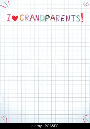 Isolated grandparents day quote on notebook sheet background with copy space. I love grandparents. Congratulations for granny, kids hand written lette Stock Vector