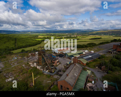 Aerial drone view of a closed, abandoned coal mine (Tower Colliery, South Wales) Stock Photo