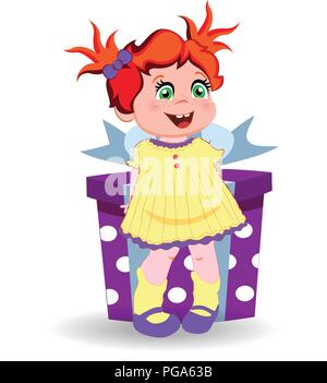 Vector illustration of cute cartoon little girl character with ginger hair wearing yellow dress holding big gift box on white background. Kawaii baby  Stock Vector