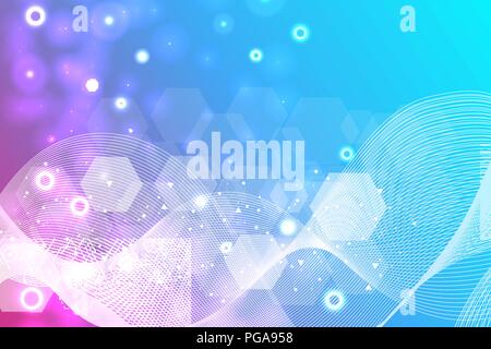 Modern futuristic background of the scientific hexagonal pattern. Virtual abstract background with particle, molecule structure for medical, technology, chemistry, science. Wave flow. Stock Vector