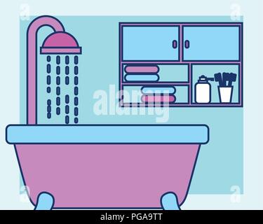 bathtub shower and cabinet towels toothbrushes bathroom Stock Vector