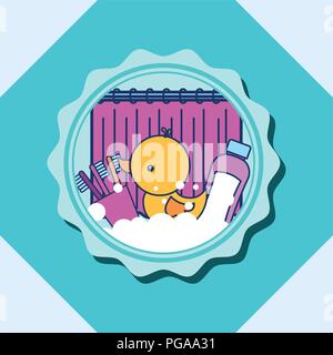 rubber duck toothbrushes and shampoo banner bathroom Stock Vector