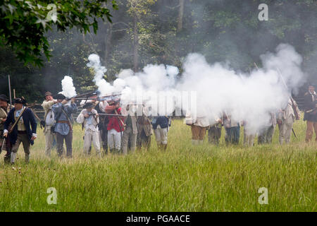 MCCONNELLS, SC (USA) -July 14, 2018:  Revolutionary War reenactors representing American Patriots recreate the Battle of Huck’s Defeat. Stock Photo