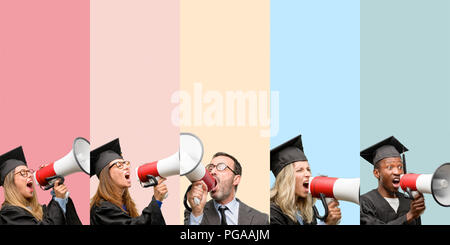 Senior teacher with his graduate students communicates shouting loud holding a megaphone, expressing success and positive concept, idea for marketing  Stock Photo
