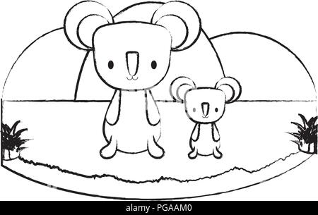 cute koalas in the grass over white background, vector illustration Stock Vector