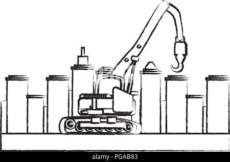 crane truck over city buildings and  white background, vector illustration Stock Vector