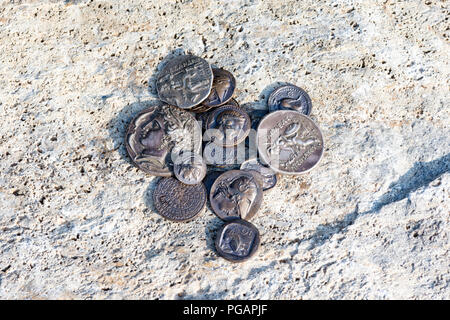 stack of Greek ancient coins, Athens, Greece Stock Photo