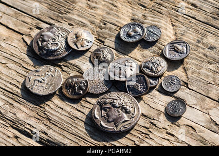 stack of Greek ancient coins, Athens, Greece Stock Photo