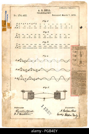 Patent Drawing Of Telegraphy By Alexander Graham Bell Stock Photo - Alamy