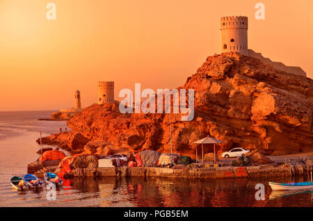 View of watch towers in Al Ayjah, Sur Oman Stock Photo