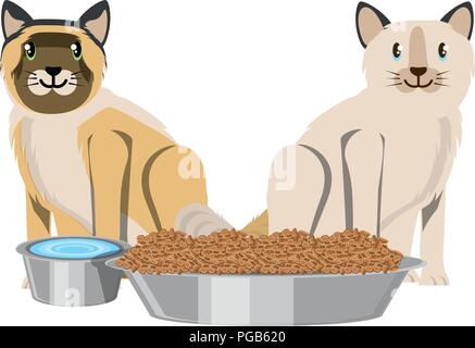 cute cats with food bowls over white background, vector illustration Stock Vector