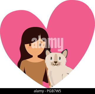 heart with cute cat and girl over white background, colorful design. vector illustration Stock Vector