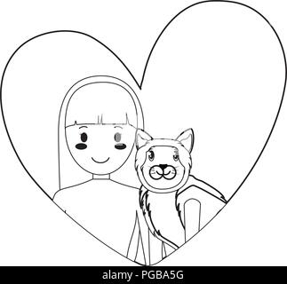 heart with cute cat and girl over white background, vector illustration Stock Vector