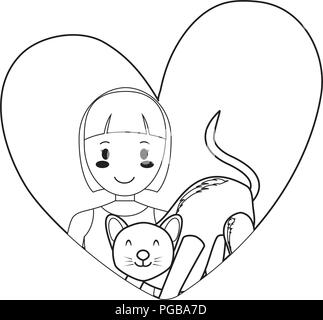 heart with cute cat and girl over white background, vector illustration Stock Vector