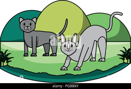 cute cats on the grass over white background, vector illustration Stock Vector