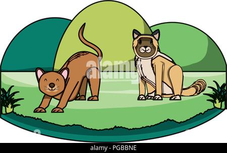 cute cats on the grass over white background, vector illustration Stock Vector