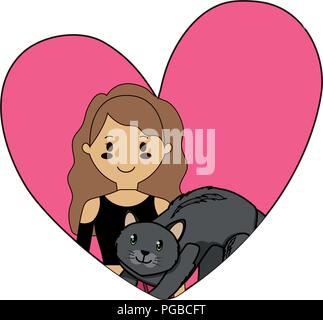 heart with cute girl and cat  over white background, vector illustration Stock Vector