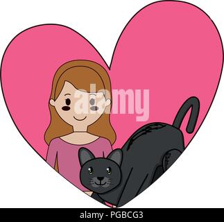 heart with cute cat and girl over white background, colorful design. vector illustration Stock Vector