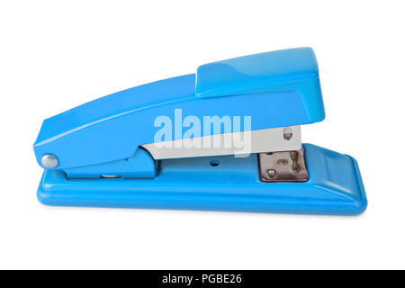 Blue stapler lies isolated on a white background Stock Photo