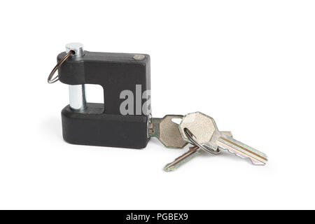 Metallic padlock and keys isolated on white Stock Photo