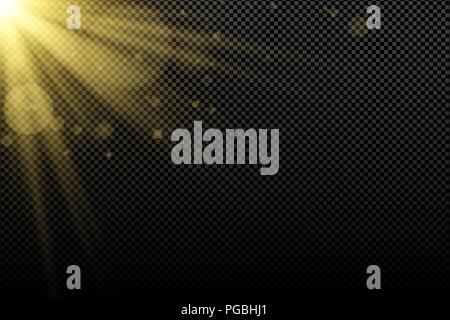 Golden light effect on on a dark transparent background. Golden galres bokeh. Bright flares. Gold rays. Magic explosion. Sunlight. Christmas light. Ve Stock Vector