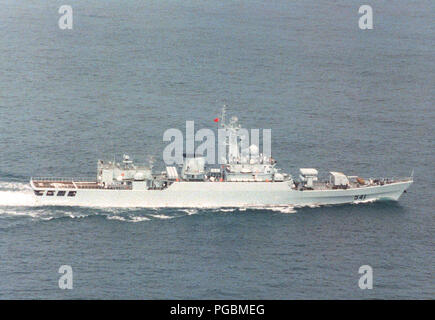 An aerial starboard wide view of the Chinese Navy Jiangwei class guided missile frigate Huaibei (F-541). Stock Photo