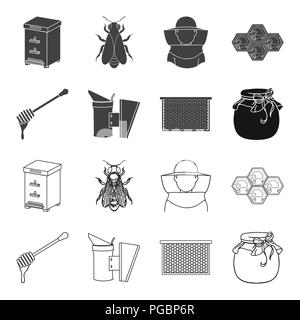 A frame with honeycombs, a ladle of honey, a fumigator from bees, a jar of honey.Apiary set collection icons in black,outline style vector symbol stoc Stock Vector