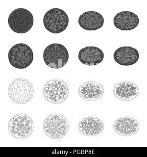 Pizza with meat, cheese and other filling. Different pizza set collection icons in black,outline style vector symbol stock illustration . Stock Vector