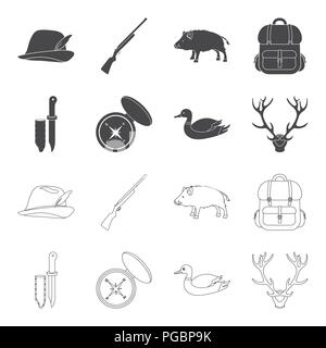 Knife with a cover, a duck, a deer horn, a compass with a lid.Hunting set collection icons in black,outline style vector symbol stock illustration . Stock Vector