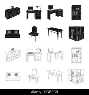 Soft sofa, toilet make-up table, dining table, shelving for laundry and detergent. Furniture and interior set collection icons in black,outline style  Stock Vector