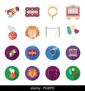 Elephant on the ball, circus lion, crossbeam, balls.Circus set collection icons in cartoon,flat style vector symbol stock illustration . Stock Vector