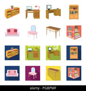 Soft sofa, toilet make-up table, dining table, shelving for laundry and detergent. Furniture and interior set collection icons in cartoon,flat style i Stock Vector