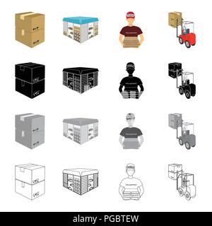 A box of goods, a logistics warehouse, a courier for pizza delivery, a forklift. Logistics and delivery set collection icons in cartoon black monochro Stock Vector