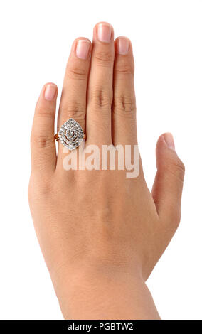 Ring in hand woman isolate on white background. Stock Photo