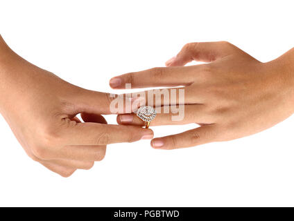 Ring in hand woman isolate on white background. Stock Photo
